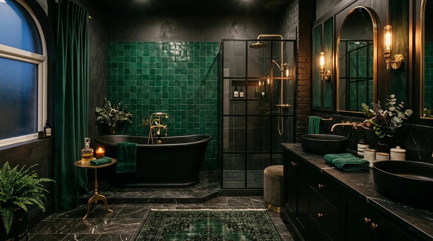 Use dramatic mirrors to increase depth and reflection inspiration for a moody bathroom.